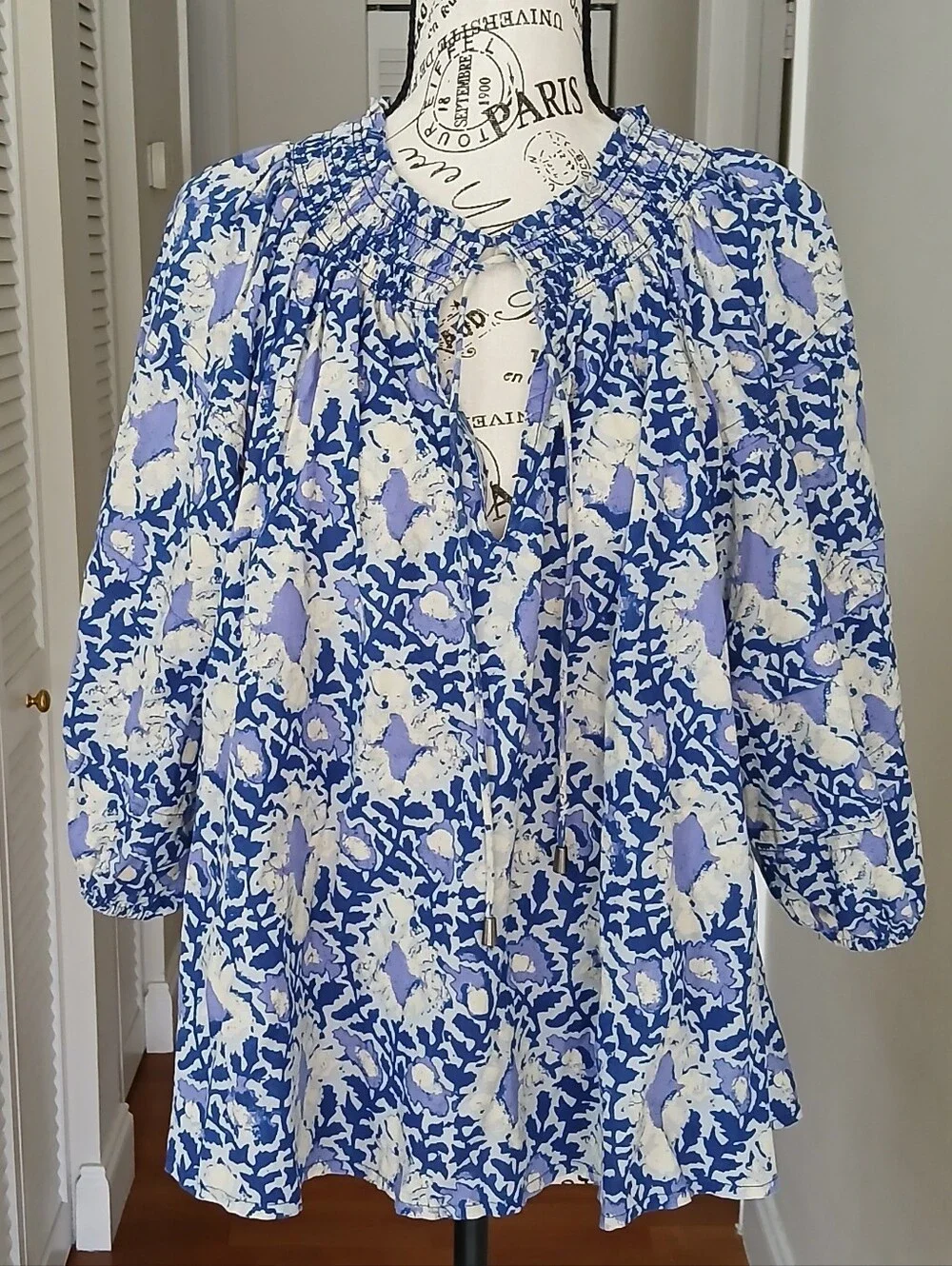 Free People Willow Printed Puff Sleeve Tie Neck Blouse